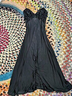 Black lace maxi dress with floral pattern and beaded details #goth #fairycore
